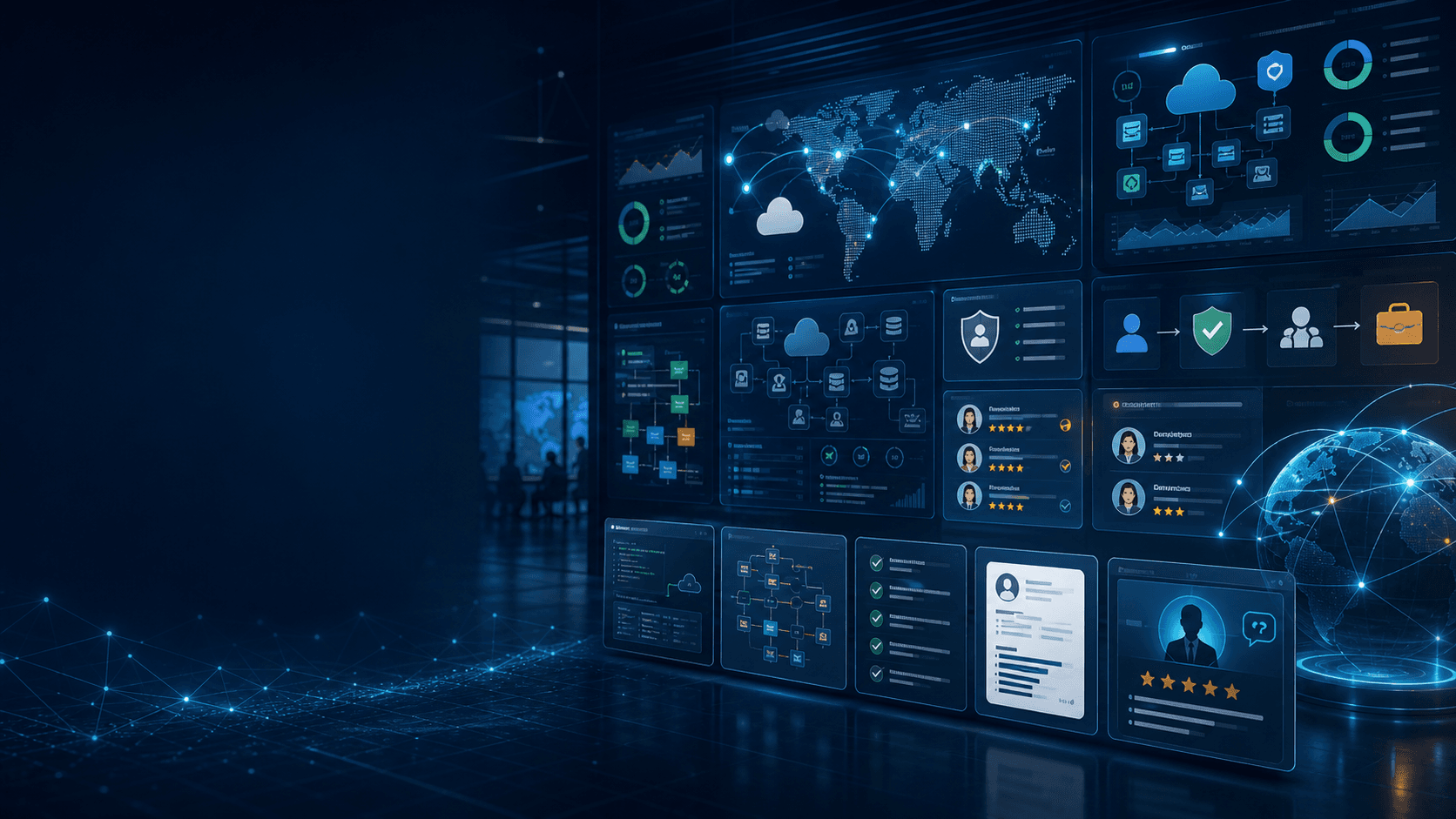 Daskerel platform background showing cloud labs, readiness evidence, global operations, projects, and opportunity signals